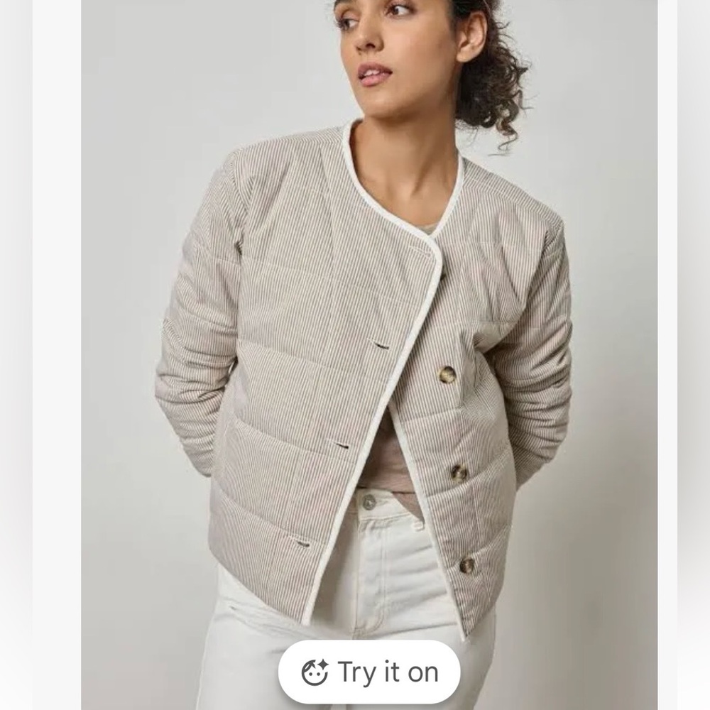 NWT LILLA P Striped Collarless Tan & White Women's Jacket Size M